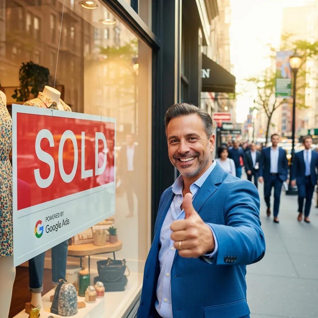 Satisfied client celebrating success in front of a retail store after using Google Ads