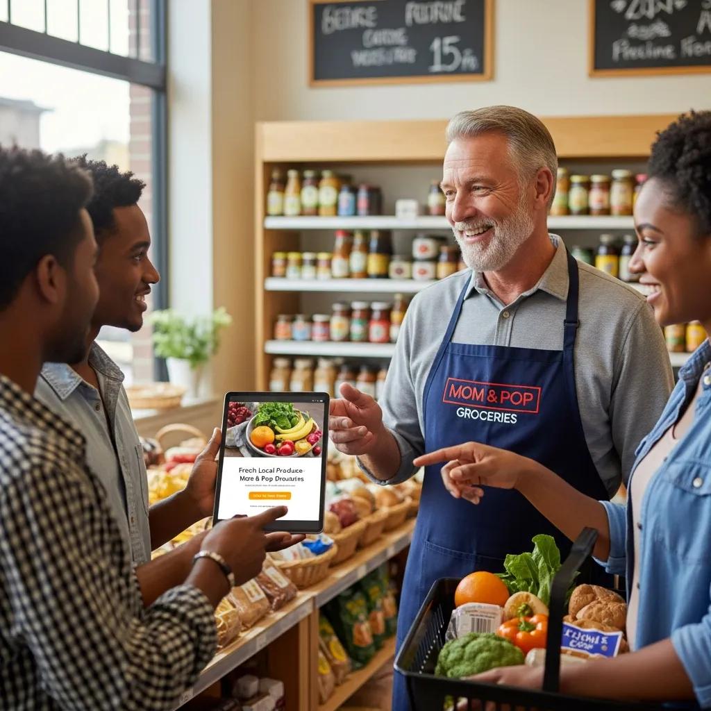 Small business owner engaging with customers while showcasing Google Ads on a tablet