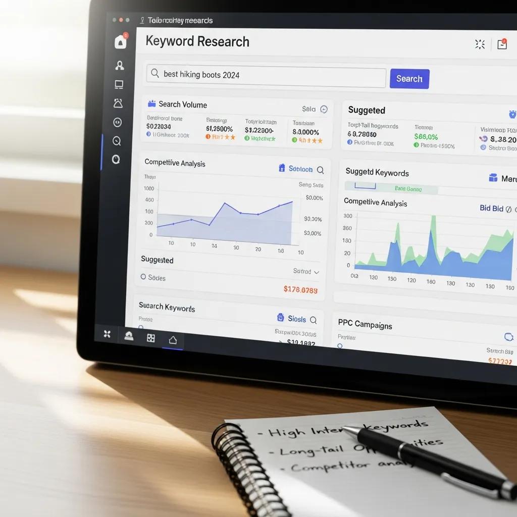 Computer screen showing keyword research tools and analytics for PPC campaigns