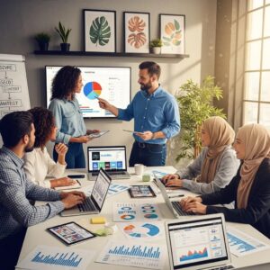 Diverse professionals collaborating on digital marketing strategies in a modern office