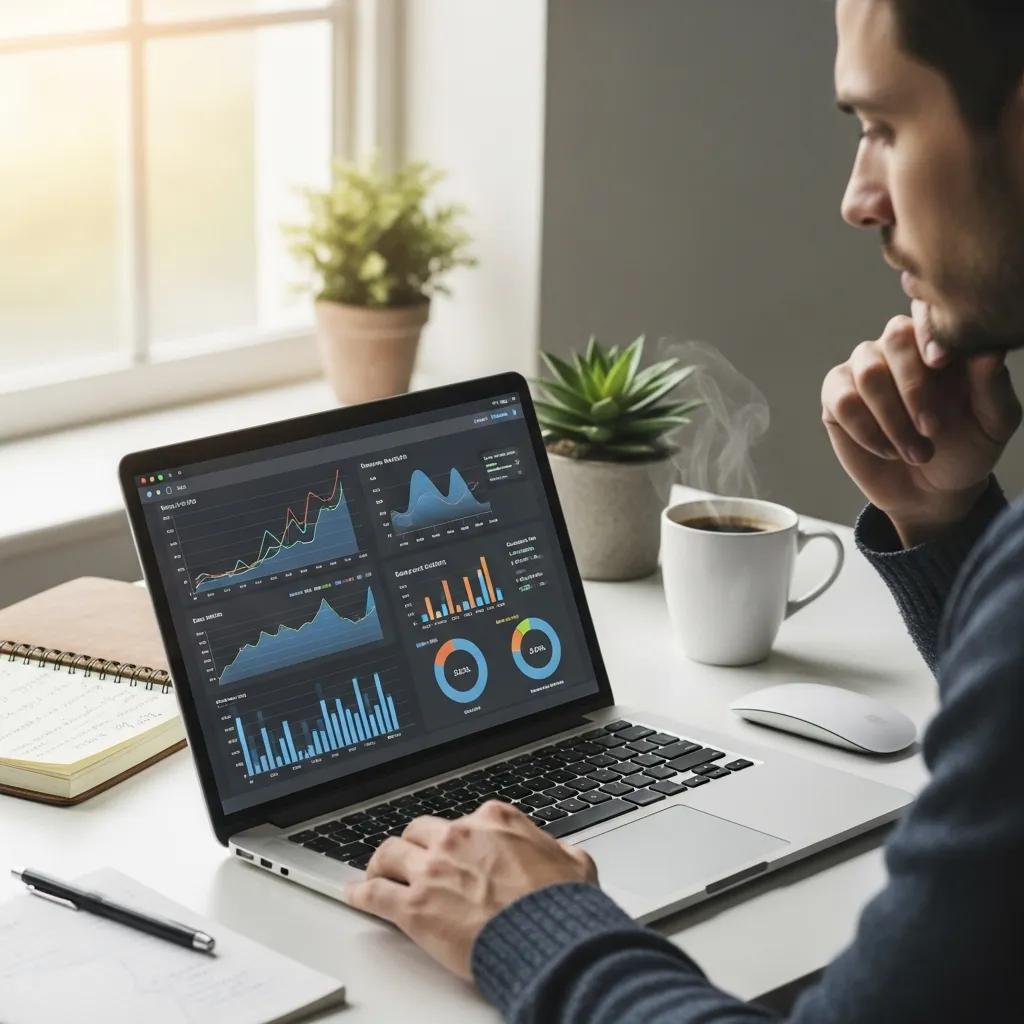 Person analyzing SEO metrics on a laptop in a digital workspace